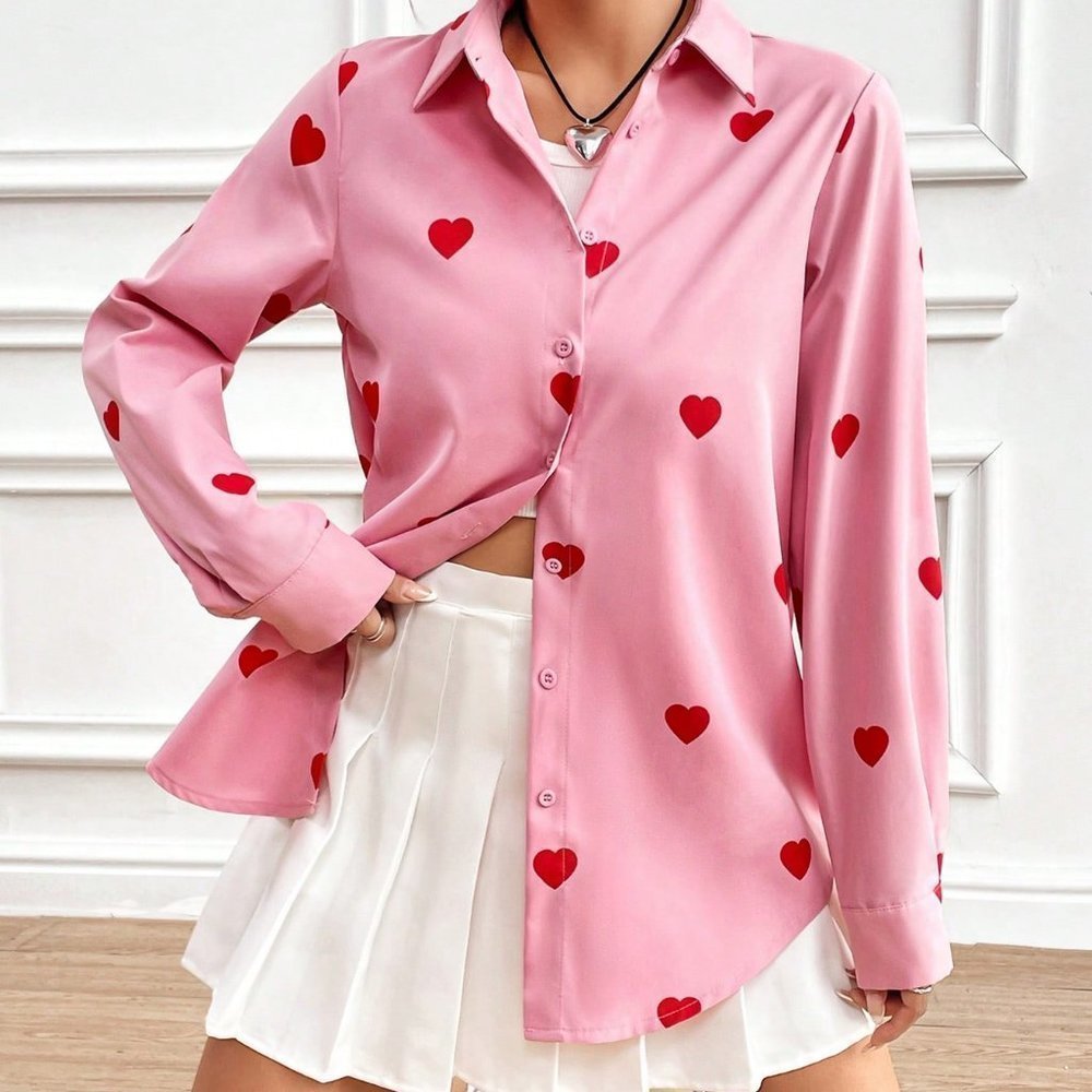 Pink Casual Womens Heart Pattern Long Sleeve Shirt - Picture 5 of 5